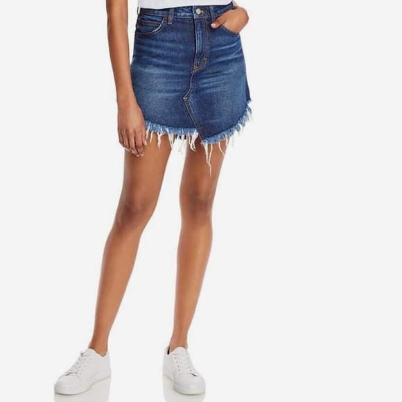 Free People Bailey Denim Mini Skirt - Dark Wash High Waist Curved Frayed Hem - Picture 1 of 8
